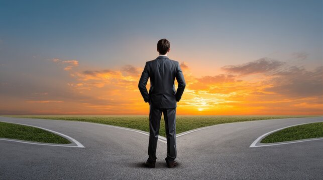 A man in a suit stands at a crossroads, contemplating choices against a vibrant sunset backdrop. - Powered by Adobe