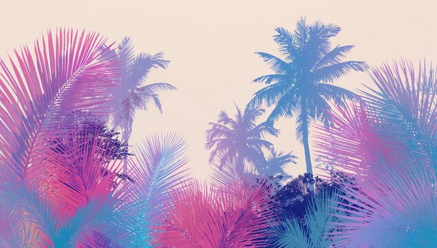 Vivid holographic neon gradient depiction of tropical plants and palm trees. Design concept capturing the essence of summer minimalism