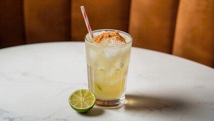 Lime cocktail served over ice in a glass, showcasing a sweet beverage option, summer refreshment