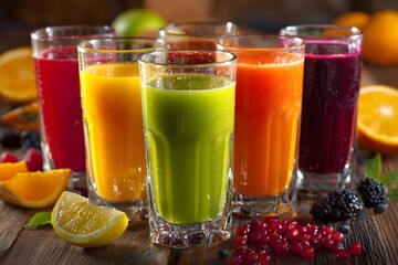 Assortment of vibrant fresh fruit and vegetable juices in clear glasses on a wooden table