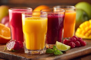 Colorful assortment of fresh fruit juices and whole fruits on a wooden board