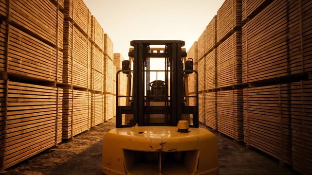 forklift centered between lumber and pallet row. stack of wood lines along aisle in warehouse. load carried by heavy machinery in industrial yard. stack integrity maintained for safe load placement.