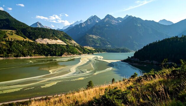 Serene lake nestled amongst mountainous terrain, with grassy hillsides, blue skies and a distinctive pale green algae bloom