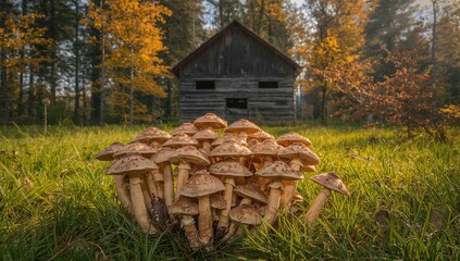 A collection of edible mushrooms featuring beige stems and brown caps set against a weathered shed in a forest, showcasing seasonal change