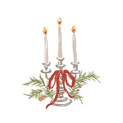 Whimsical Christmas floral card of red bow, berries, pine cone, candelabra and candle. Hand-drawn vintage poster isolated on white background. Illustration for design, print, fabric or background.