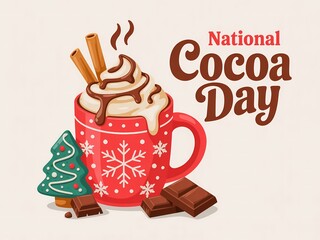 Festive red mug filled with hot chocolate to celebrate national cocoa day with chocolate bars