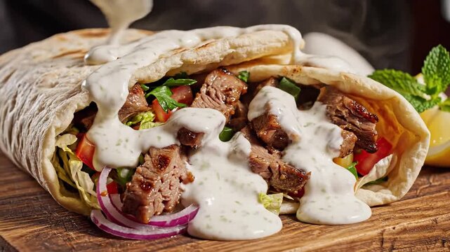 Close up of a delicious wrap with meat and vegetables being prepared