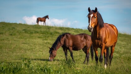 Fototapeta premium Horses Grazing in a Pasture, Fiber-Dense Choice