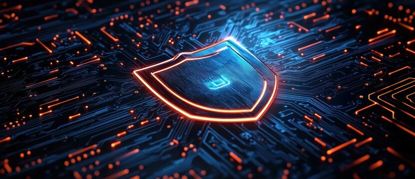 Glowing digital shield icon integrated into blue and orange illuminated circuit board representing cybersecurity and data protection