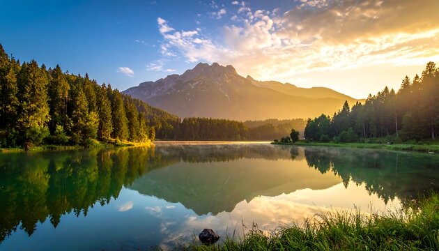 Serene lake reflects mountains and trees under a sunrise with mist on the water surface