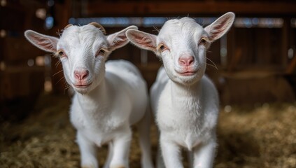 Obraz premium Adorable duo of white goats in a rustic shelter, showcasing playful curiosity