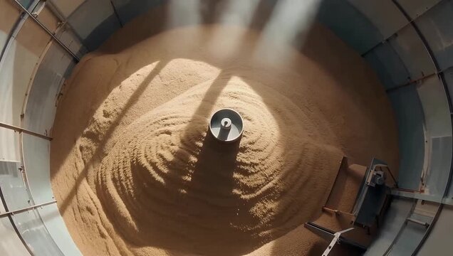 Aerial view of grain piling around industrial auger inside sunlit cylindrical silo