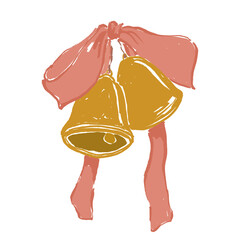 Whimsical Christmas card of gold bells and pink bow. Hand drawn composition isolated on white background. Holiday illustration for design, print, fabric or background.