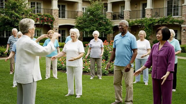 Variety of senior citizens practicing Tai Chi in the garden of a retirement village led by a female teacher