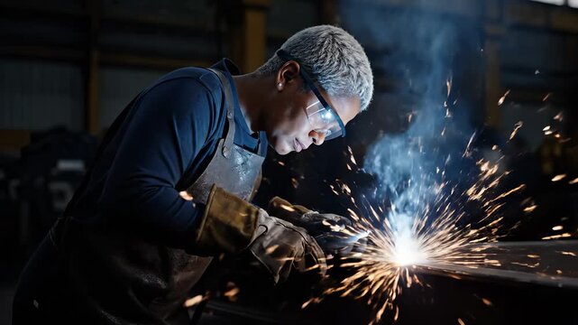 Welder welding metal with bright spark. Worker in workshop and factory. Industrial manufacturing process. Protective gear and safety measures visible. Focused technician performing welding. Skilled.
