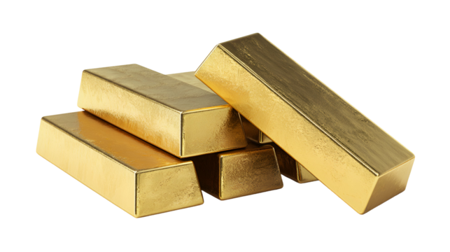Stack of shiny gold bars isolated on transparent background