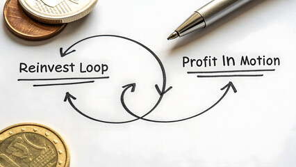 Diagram showing a reinvestment loop with arrows and finance symbols