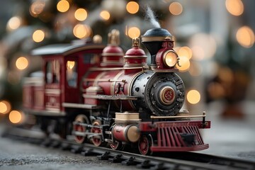 Fototapeta premium Charming, vintage-style red toy train on a track before a beautifully decorated Christmas tree, its lights blurred into a warm, festive bokeh.