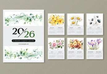 Editable 2026 Yearly Calendar Template Set with Beautiful Flowers Illustration on Grey Background.