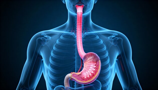 Medically accurate 3D render of the human stomach and esophagus, showing a cross-section of the stomach wall and internal rugae