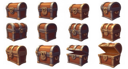 Stylized wooden treasure chest game icons set with various states