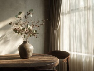 A vase with flowers on a table in front of a window. A chair is also present in the room