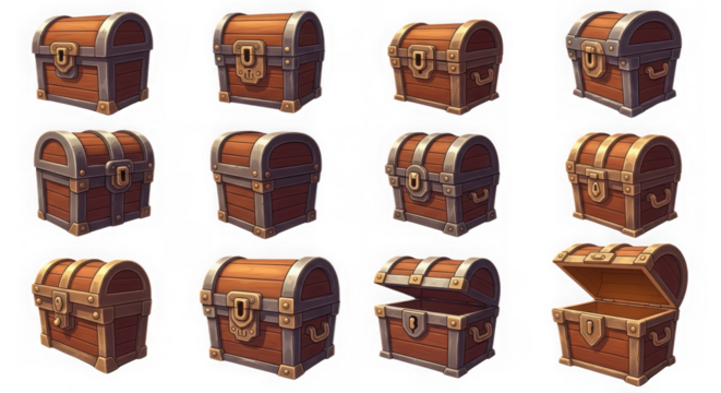 Stylized wooden treasure chest game icons set with various states