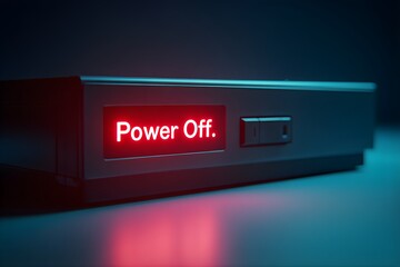Close up of a digital display showing the words power off in red light