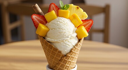 Close-up of ice cream cone with vibrant fruit toppings and a wafer stick on a wooden table