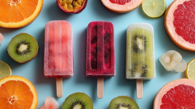 Summer popsicle in tropical paradise setting with bright vibrant colors and melted water droplets in a fun close-up dessert concept