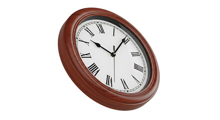 A close up of a brown framed clock with roman numerals on a white background in a studio setting ai generated