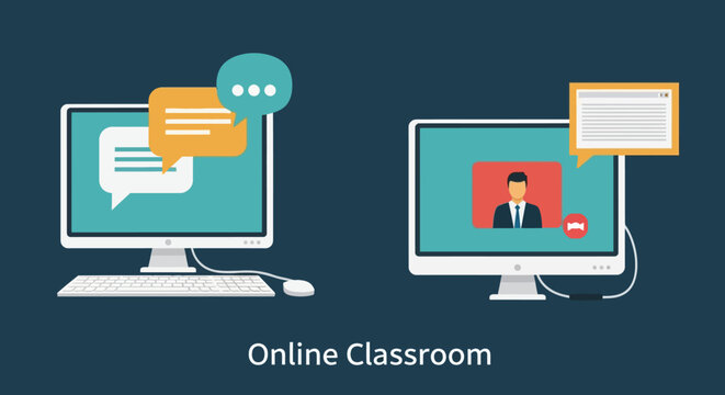 Flat design showing online learning and virtual communication through computers, illustrating remote education, video conferencing, and digital collaboration