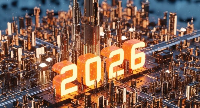2026 Future Cityscape Technology Concept with Circuit Board and Buildings - Powered by Adobe