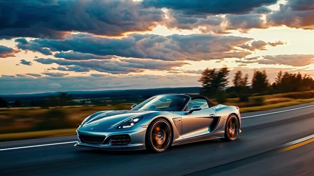 Dynamic video still of a sleek sports car speeding on a highway at sunset, captured from a low-angle, emphasizing motion and elegance.