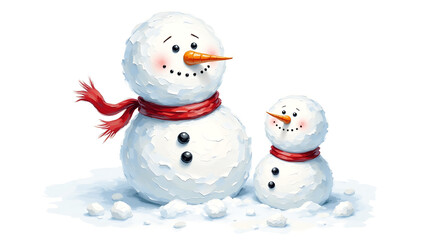 Impasto oil snowman family for cards: Happy snowmen with red scarves standing in winter snow  