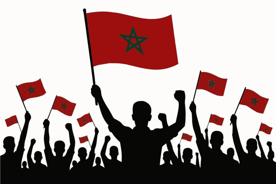 Morocco Black and White Independence Crowd Silhouette Vector, Patriotic People Clipart