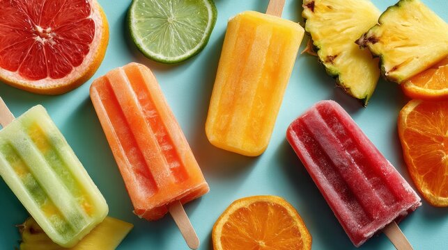 Summer popsicle in tropical paradise setting with bright vibrant colors and melted water droplets in a fun close-up dessert concept