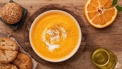 Creamy pumpkin soup served with sour cream, a nutritious autumn meal idea