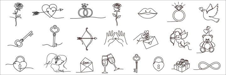 Obraz premium Romantic outline icons with hearts, rings, roses, and champagne for love, wedding, or Valentine design.