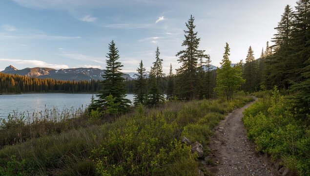 Manson Lake Trail landscape with snow-covered mountains and trees, ideal for hiking and spring exploration