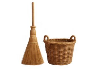 Wicker basket and broom for household cleaning