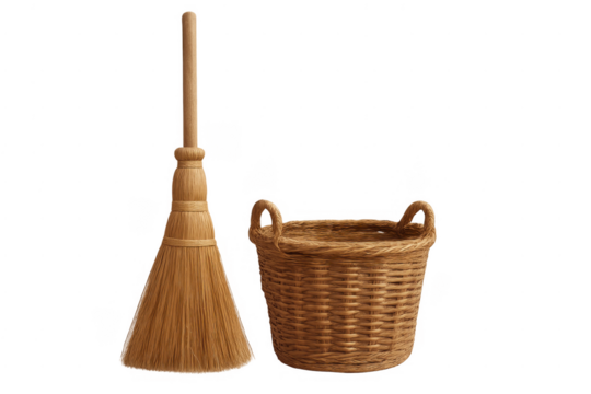 Wicker basket and broom for household cleaning - Powered by Adobe