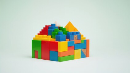 Naklejka premium Colorful plastic building blocks on a white surface, educational play materials for children