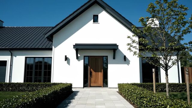 House sits behind trimmed hedge along paved pathway. Pathway leads to wooden door and visible entrance. Tree stands beside roofline and yard. Exterior presents modern residential frontage view.