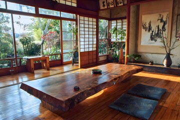Serene japanese living room with large wooden table and garden view