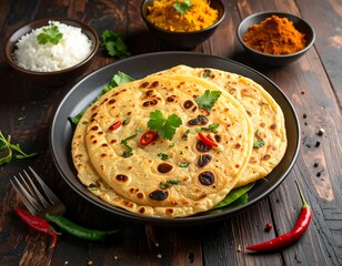 Close-up of Indian flatbreads with bowls of spices and rice on a wooden surface