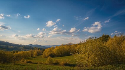 Obraz premium Crops and trees under a clear blue sky with clouds, showcasing seasonal change