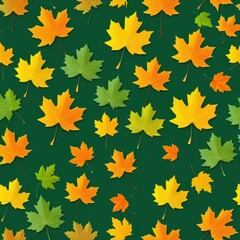 Fototapeta premium Colorful Autumn Leaves Pattern on Dark Green Background Representing Fall Season Nature