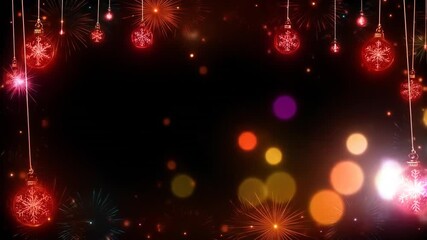 Christmas frame with fireworks and bokeh lights, motion background loop