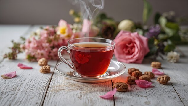 A cup of red tea on a white wooden surface, a fiber-dense choice